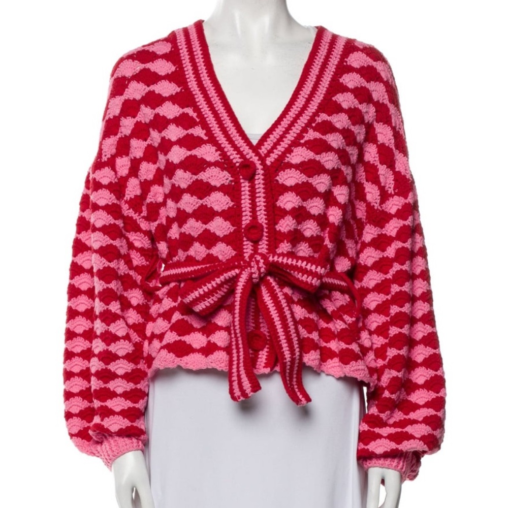 FARM Rio 🍃 HTF ✨ Fan Stitch Belted Crochet Cardigan, Red + Pink, Size Large, NEW - Picture 5 of 14